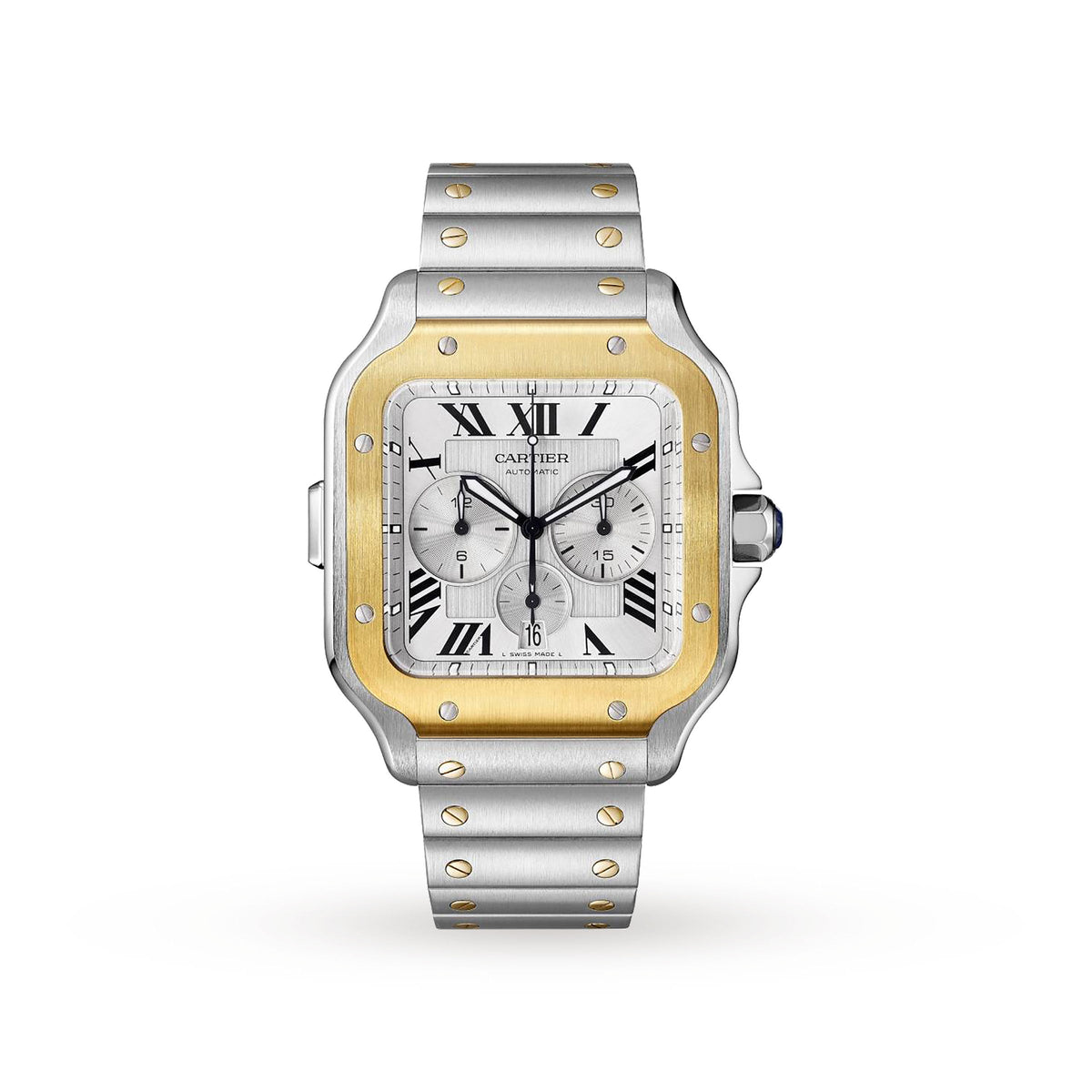 Santos de Cartier Chronograph Watch - 43mm, Two - Tone Steel & 18K Yellow Gold, Silver Dial