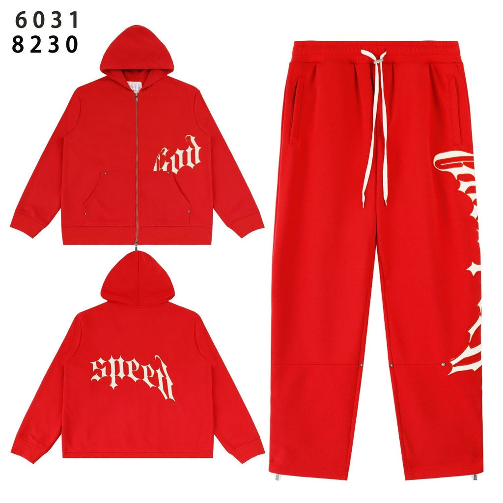 Godspeed Red Gothic Print Zip Hoodie Tracksuit Set — front