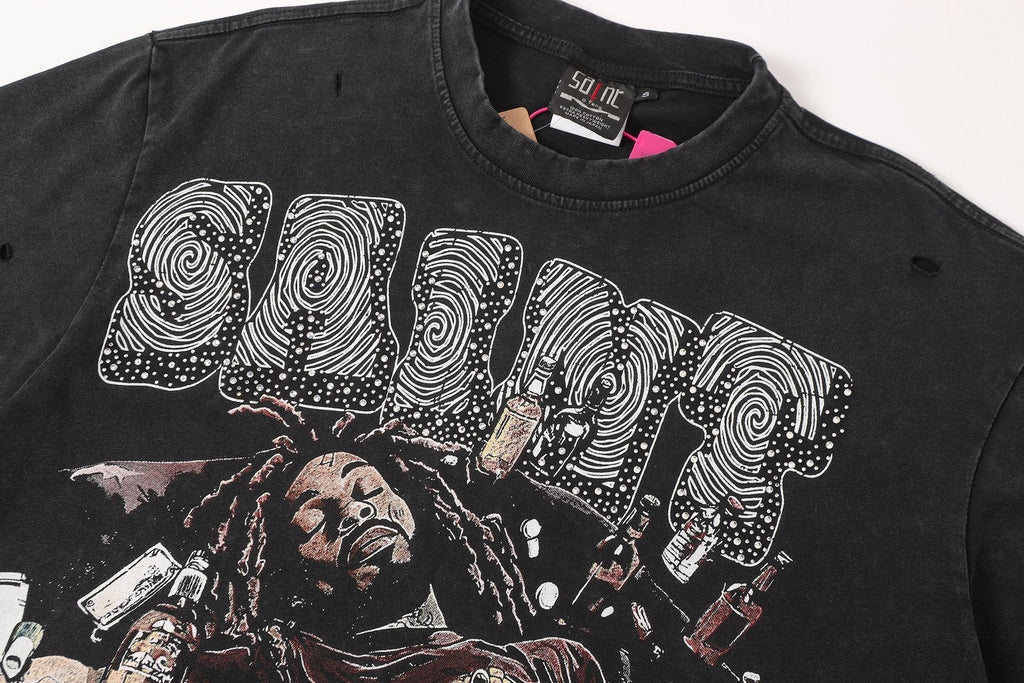 SAINT Free Alcohol Washed Black Graphic T-Shirt — detail