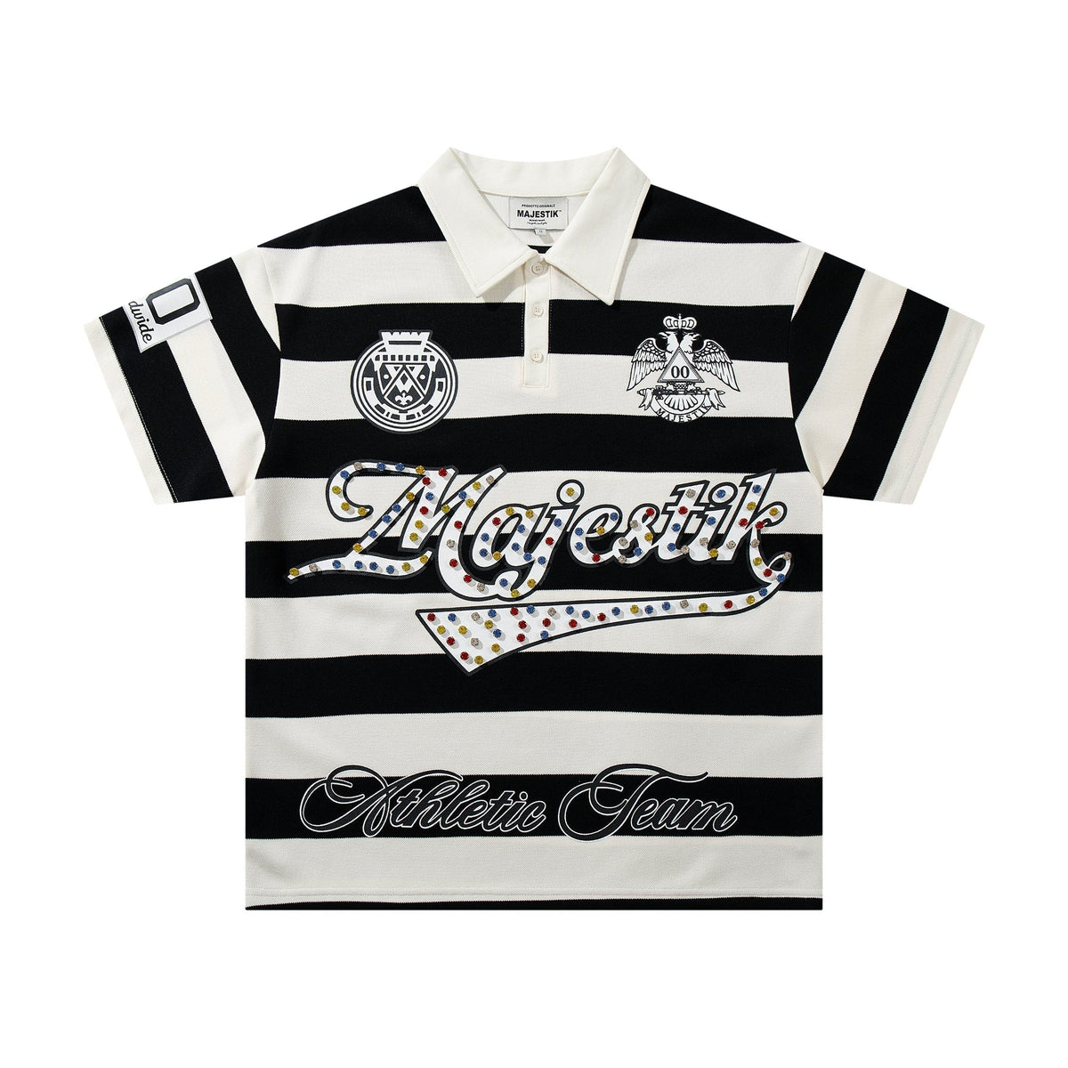 MAJESTIK Striped Crest Graphic Polo Shirt — hero