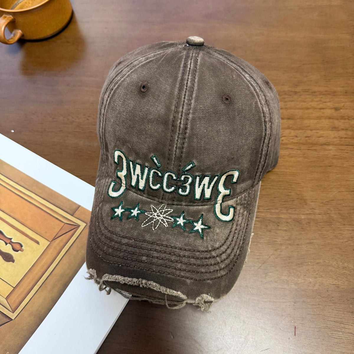 Distressed Washed Frayed-Edge Lettered Cap